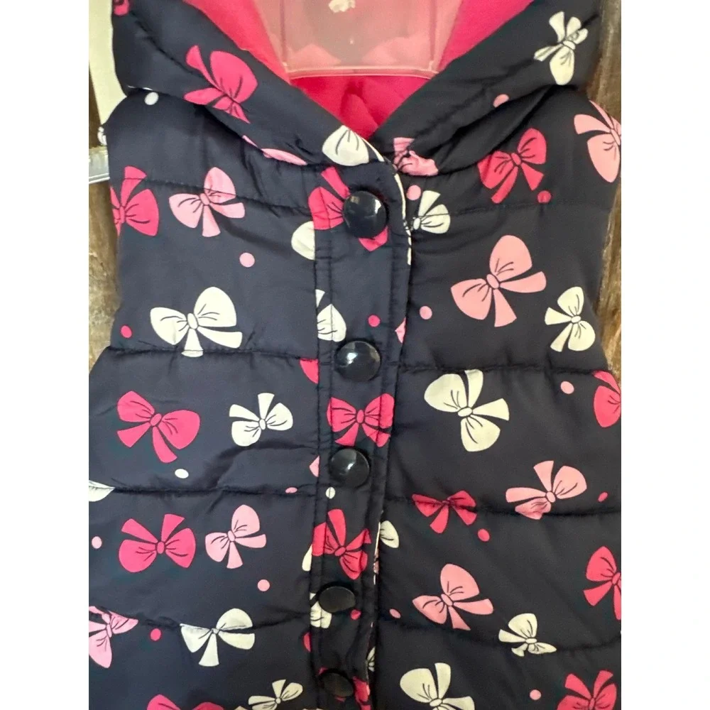 Gymboree girls'‎ hooded puffer vest blue pink bows pink fleece lining 12-24 mths